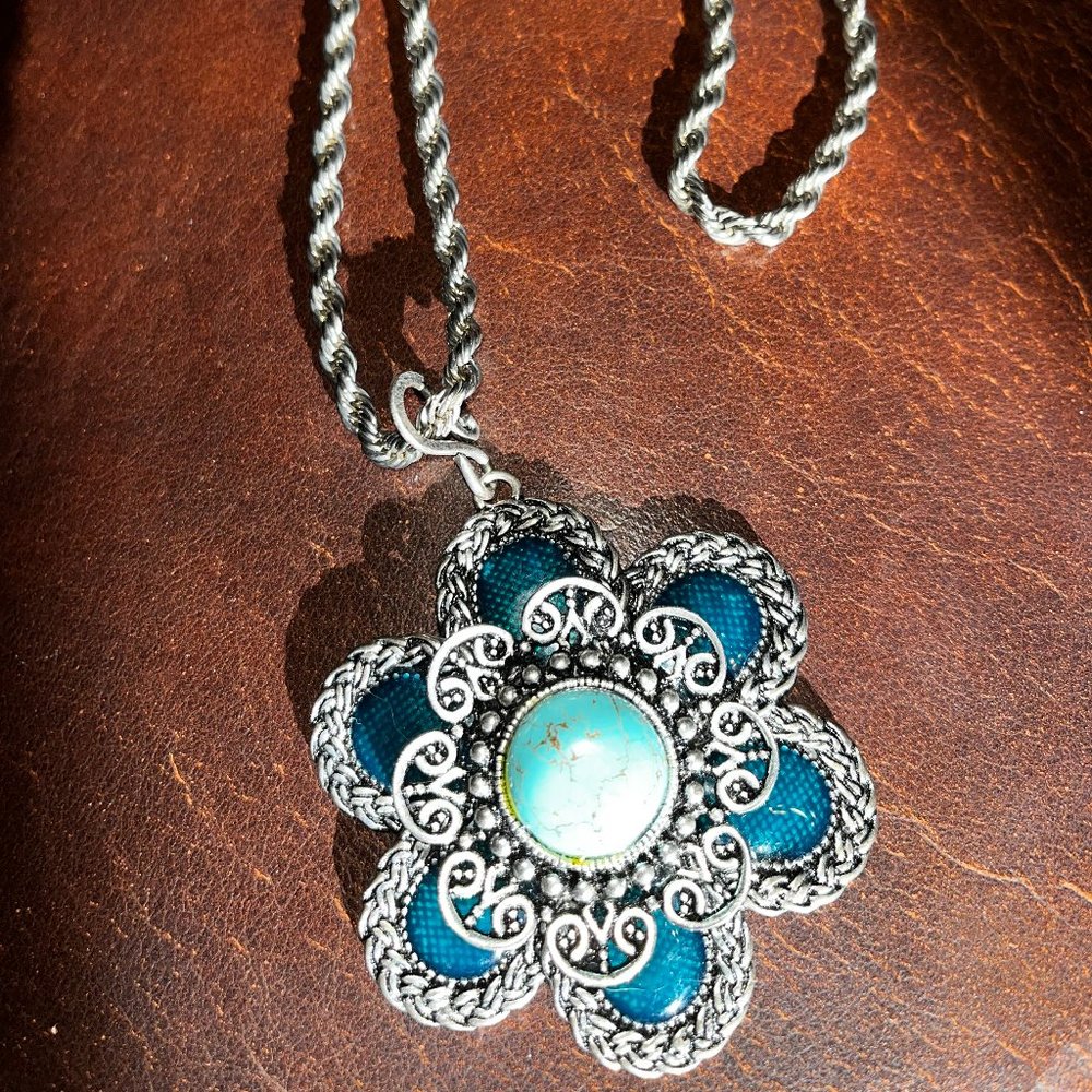 Silver turquoise and inlaid necklace.